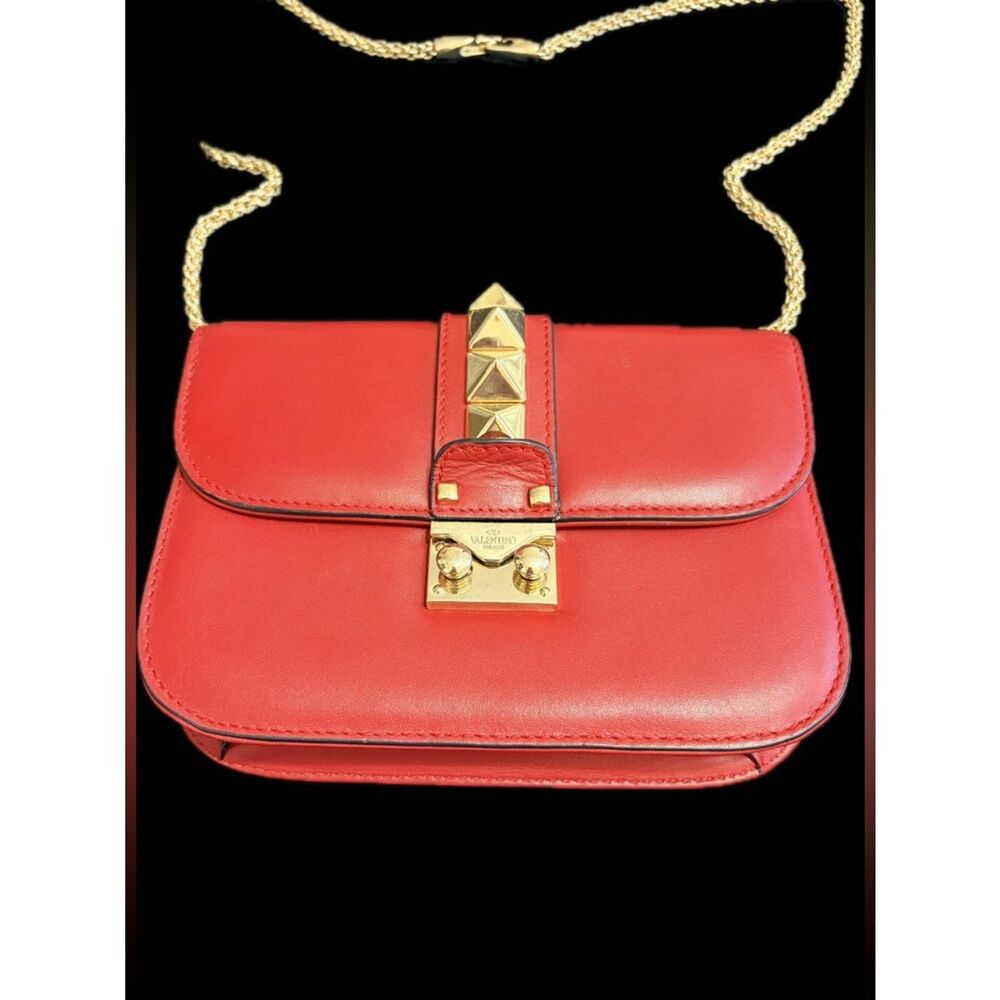Valentino Garavani Red Leather Rockstud Chain Shoulder Bag Like New Authentic